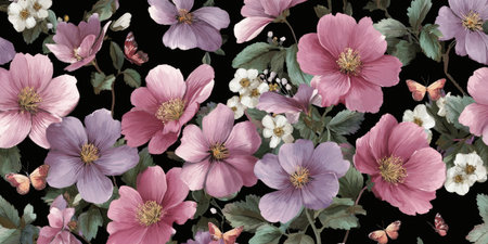 This floral pattern showcases a dense arrangement of pink and purple flowers against a dark background. The composition features various blossoms with detailed petals and delicate butterflies. It could be used for textile designs, decorative elements, or other commercial purposes.の素材