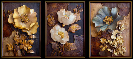 This artwork presents a triptych of floral arrangements, each set within a framed panel. The pieces feature large flower blossoms and intricate leaf details, rendered in a palette of gold, cream, and blue hues. The composition may be suitable for decorative purposes or for illustrating concepts related to nature.の素材