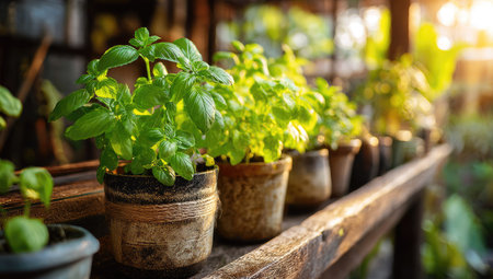 A close-up view displays several potted basil plants arranged on a wooden shelf. The lush green foliage is illuminated by warm sunlight, suggesting an outdoor setting. The image showcases natural textures and a shallow depth of field, suitable for various editorial and commercial applications.の素材