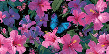 An image showcases vibrant pink hibiscus flowers alongside purple blossoms, creating a colorful and dynamic arrangement. Butterflies with blue and black wings flutter amid the blooms. The composition likely offers potential for various applications, including print and digital media, and can be used for decorative purposes.の素材