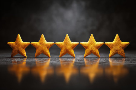 Five golden stars are arranged in a horizontal row, reflecting on a dark, textured surface. The image exhibits warm yellow tones, contrasting against a shadowy background. It conveys a sense of quality and recognition, suitable for commercial or editorial applications related to ratings, reviews, and excellence.の素材