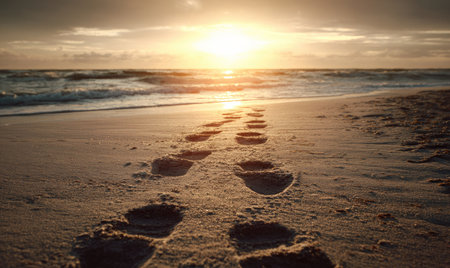 Footprints traverse sandy beach towards the ocean, silhouetted against a setting sun. The composition highlights textured sand and dynamic ocean waves beneath a bright sky. The warm color palette and soft lighting create a peaceful atmosphere suitable for travel and inspirational content. Ideal for various commercial applications.の素材
