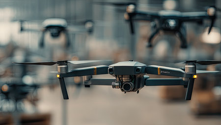 Several drones are captured in flight, showcasing their propellers and cameras. The composition features a shallow depth of field, with the foreground drone in sharp focus and the others blurred. The color palette emphasizes grays and blacks. This image could be used for illustrating technology or promotional materials.の素材