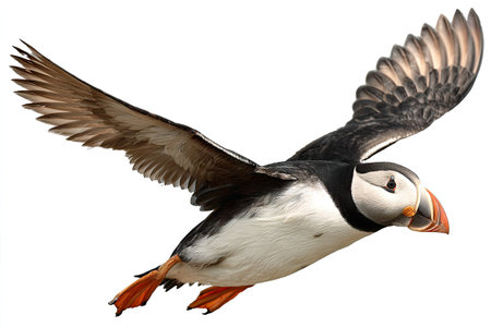 A puffin bird, primarily black and white, is captured mid-flight against a clean white backdrop. The image emphasizes the bird's outstretched wings and vibrant orange feet and beak. The photograph's isolated nature makes it suitable for diverse commercial and editorial purposes.の素材