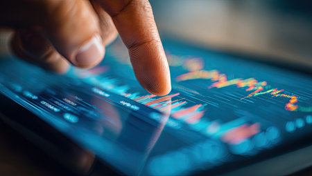 A hand points at a digital tablet screen showing colorful charts and graphs related to finance. The image showcases data analysis with a focus on investment and economic trends. The composition features close-up details, a shallow depth of field, and a modern, technical aesthetic. Suitable for articles or presentations.の素材
