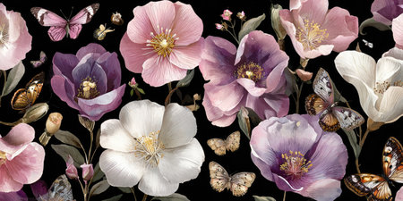 This image features a vibrant floral pattern with blooming flowers in various shades of pink, purple, and white. Delicate butterflies add a touch of whimsy. The composition is set against a dark background, creating a visually striking contrast. Suitable for use in design projects or decorative applications.の素材