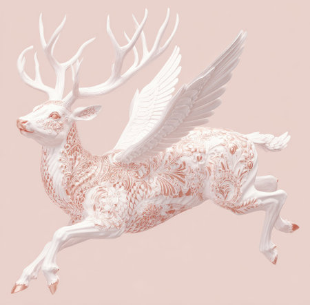 A graceful deer, adorned with intricate wings and delicate floral patterns, is captured mid-air against a soft background. The illustration displays a pristine white color palette with subtle reddish accents, showcasing a whimsical style. This image could be suitable for various design projects or decorative purposes.の素材