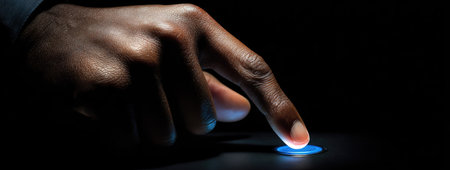A close-up view depicts a hand with a finger poised above a small, illuminated button. The scene is enveloped in darkness, with the button emitting a bright glow. The composition features a shallow depth of field, emphasizing the point of contact. This image is suitable for various commercial purposes, including illustrations of concepts.の素材