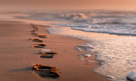 Footprints walk along a sandy beach towards the ocean. Warm sunlight bathes the scene in golden hues. Gentle waves lap the shore, while the horizon fades into a soft, blurred background. The image may be suitable for travel, lifestyle, or environmental projects.の素材
