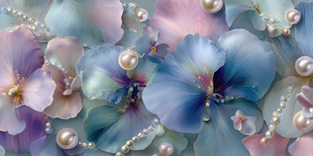 An artistic composition showcases delicate flowers in hues of blue, purple, and pink. Pearl accents adorn the blossoms, creating a sense of luxury. The soft lighting and blurred background suggest a dreamy atmosphere, suitable for various design projects and editorial uses.の素材