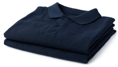 A neatly folded navy blue polo shirt is presented against a white backdrop. The cotton fabric displays a smooth texture with evident creases from folding. The composition features a high-angle shot highlighting the shirt's collar and buttoned placket. This image is suitable for various commercial uses, including advertising and product catalogs.の素材