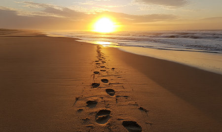 Footprints traverse across a sandy beach towards the ocean, bathed in the warm light of a setting sun. The composition highlights the textures of sand and water, with a golden hue dominating the scene. The image suggests a coastal environment and could be used in various commercial or editorial projects.の素材