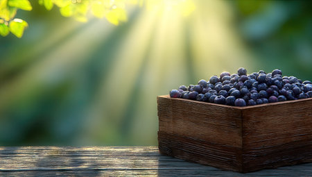 A wooden bowl filled with fresh blueberries sits on a rustic wooden surface. Bright sunlight streams through the background, illuminating the berries and creating a warm, natural ambiance. The scene may be used for a variety of purposes, including illustrating health, nature, or culinary themes.の素材