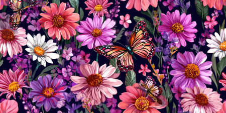 This image showcases a rich floral pattern with various blossoms and butterflies in flight. The composition features diverse colors including pink, purple, and orange hues. The style appears painterly. This design could be suitable for textile design, surface pattern, or use in decorative projects.の素材
