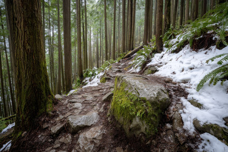 A forest path winds through tall evergreen trees on a hillside. The ground is covered with a mix of dirt, rocks, and patches of snow. The composition showcases natural textures, with the color palette dominated by greens and browns. This image could be used for various purposes including nature-related editorial content.の素材