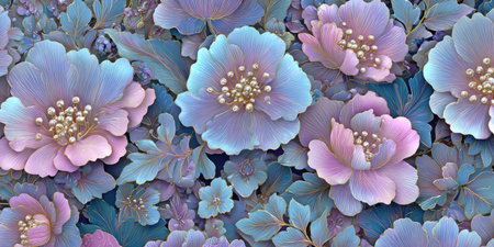 This image presents a repeating floral pattern, featuring layered flower arrangements. The design displays a blend of pastel colors, with hints of blue, pink, and gold details. It offers a soft, textured visual style, appropriate for various design applications. Potential uses include design, decoration, and creative projects.の素材