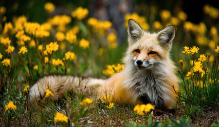 A fox rests comfortably amidst a field of yellow flowers. The image showcases warm colors, soft textures, and natural lighting. The composition suggests an outdoor setting, potentially a meadow or field. Suitable for various uses, this image could serve commercial and editorial purposes.の素材