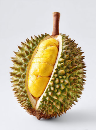 A close-up captures a durian fruit, split open to reveal its bright yellow segments. The exterior is a spiky green, contrasting with the smooth, textured fruit. The lighting is clean, suggesting a studio setting, suitable for commercial or educational purposes. The composition emphasizes detail and freshness.の素材