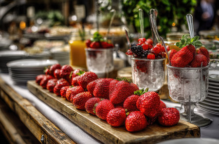 A close-up view displays a selection of fresh strawberries and mixed berries, arranged on a wooden platter and in elegant serving glasses. The scene showcases vibrant red hues and a natural wooden texture, suggesting a high-quality food presentation. This image could be used for food-related projects.の素材