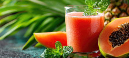 A close-up captures a vibrant papaya juice in a glass, accented by fresh mint leaves and papaya slices. The composition features a half pineapple, suggesting a tropical setting. The bright colors and refreshing presentation make it suitable for various commercial or editorial uses related to food and beverages.の素材