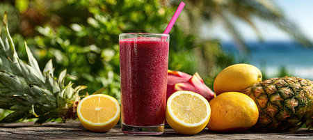 A vibrant image featuring a glass of red smoothie with a pink straw, surrounded by fresh fruits like pineapple, lemons, and dragon fruit. The composition showcases a close-up arrangement on a wooden surface against a blurred natural background. Suitable for health, wellness, and culinary content.の素材