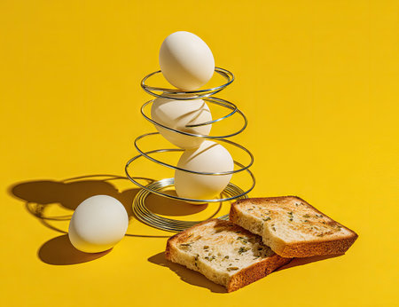 A still life composition features white eggs and slices of toasted bread arranged against a bright yellow background. The image showcases the eggs in a spiral holder and bread slices on a flat surface. The lighting is direct, creating defined shadows, suitable for various editorial and commercial projects.の素材