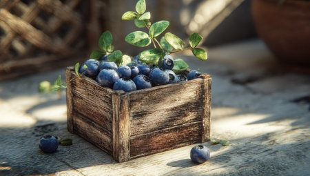 A close-up view depicts a wooden crate brimming with ripe blueberries and leafy sprigs. The fruit showcases deep blue hues, and the wood displays a weathered texture. The composition utilizes natural lighting to enhance depth and detail. This image is suitable for various commercial uses, including food-related projects and artistic displays.の素材