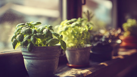 Various green herbs flourish in small, decorative pots, arranged on a windowsill. The image displays a shallow depth of field, with soft sunlight illuminating the foliage and textures. It captures an indoor environment, possibly a kitchen or sunroom, and may be used in commercial projects related to cooking, gardening, or wellness.の素材