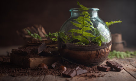 A glass terrarium showcases vibrant green plants, positioned on a textured wooden surface next to pieces of dark chocolate. The composition utilizes a shallow depth of field, with soft, diffused lighting. This imagery is suitable for various applications, including advertising and editorial use.の素材