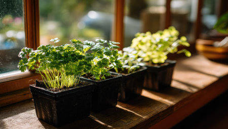 Various green herbs flourish in small black pots arranged on a wooden windowsill. Bright sunlight illuminates the vibrant green foliage, creating a warm, inviting atmosphere. The composition features a shallow depth of field, suitable for illustrating gardening, freshness, or healthy eating themes, ideal for editorial or commercial projects.の素材