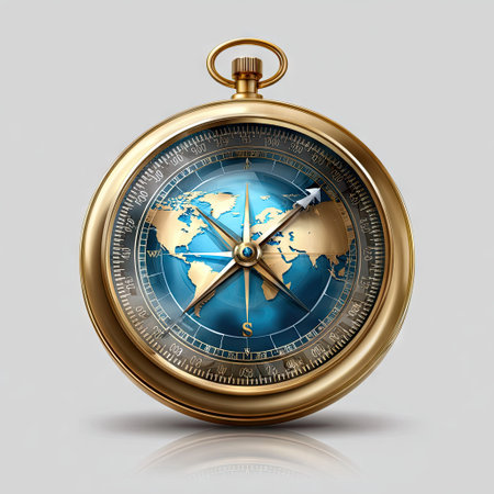 This image showcases a detailed illustration of a golden compass. The compass features a world map design within its face. The design uses shades of gold and blue. The artwork appears to have been created digitally. It is suitable for various commercial uses related to travel or exploration.の素材