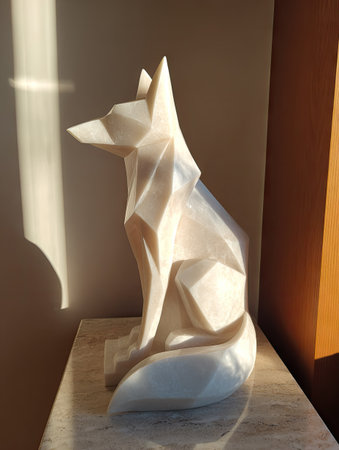 A geometric sculpture of a fox sits in natural light, showcasing sharp angles and smooth surfaces. The artwork displays a neutral color palette, with strong shadows adding depth. It suggests a modern artistic style. This image could be suitable for various commercial or editorial applications.の素材