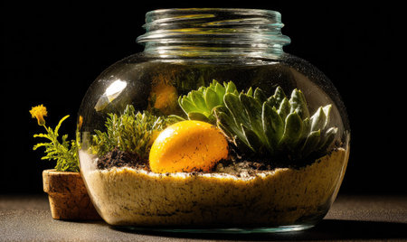 A close-up view displays a glass terrarium filled with miniature plants, sand, and a decorative orange fruit. The composition, lit by soft lighting, presents a detailed view of the interior. The design suggests a natural, eco-friendly ambiance, making it suitable for various commercial and decorative applications.の素材