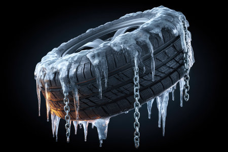 A tire covered in ice, with chains and icicles, is presented against a stark black background. The image showcases textures of rubber and ice, highlighting a winter concept. The composition uses dramatic lighting, suitable for illustrating themes of cold weather, transportation, and safety. It can be used for various commercial or editorial applications.の素材