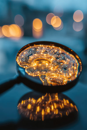 A close-up view presents a brain model illuminated by soft, warm lights. The composition highlights the glowing interior with reflective qualities. The image is set against a blurred background suggesting an indoor setting with artificial lighting, suitable for conceptual, educational or creative projects.の素材