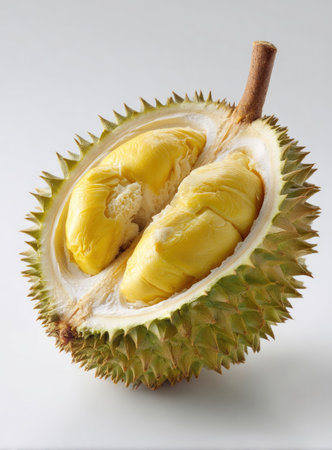 A cut durian fruit reveals its creamy yellow flesh, contrasting with the spiky green rind. The composition, lit with soft overhead lighting, highlights the textures and colors. This image is suitable for illustrating food-related articles, culinary projects, or use in commercial designs.の素材