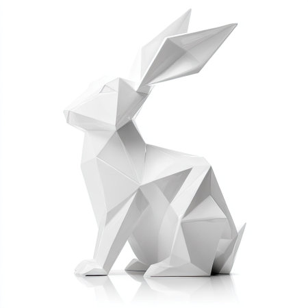 A geometric white rabbit sculpture sits centered against a pure white backdrop. The artwork showcases a modern polygonal design. The lighting is bright and even, casting subtle shadows. This image is suitable for use in design, marketing materials, and various commercial projects.の素材