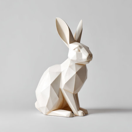 A geometric white rabbit sculpture sits centered against a plain light gray background. The object displays a sharp, polygonal design with visible edges. The lighting is diffused, suggesting a studio environment. This image could be used for product promotion or artistic illustrations.の素材