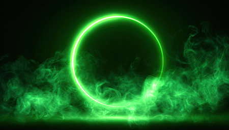 A vibrant green illuminated circle hovers above a dark surface, surrounded by wisps of green smoke. The image showcases high contrast and a mysterious ambiance, with the light creating an ethereal glow against the black backdrop. Suitable for artistic concepts, technology themes or graphic design projects.の素材