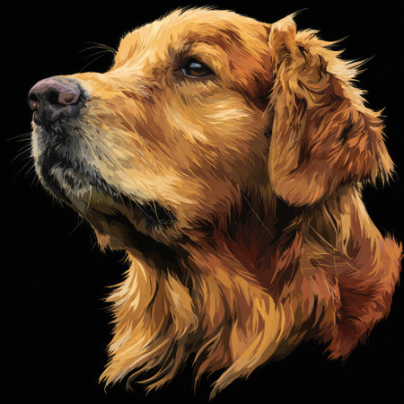 A detailed illustration showcases a golden retriever's head against a black backdrop. The artwork features warm tones and textured brushstrokes. This portrait style image could be suitable for various applications including graphic design, editorial use, or as a decorative element.の素材