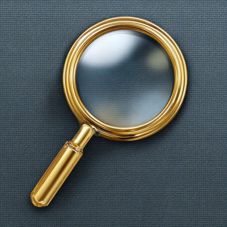 A close-up image features a golden magnifying glass set against a dark, textured surface. The glass reflects ambient light, creating highlights and shadows. This composition uses a simple, elegant style, suggesting themes of investigation and analysis, suitable for various editorial and commercial applications.の素材