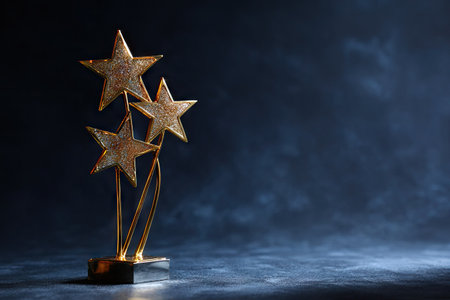 A golden star trophy stands prominently against a dark, textured backdrop. The composition features three stars of varying sizes, connected by slender stems, resting on a small, dark base. The lighting highlights the gold's texture. Suitable for illustrating success, awards, or other editorial concepts.の素材