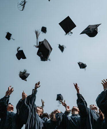 Graduates in academic attire toss their mortarboards into a bright sky, symbolizing achievement. The composition features an upward perspective, emphasizing the upward trajectory of the caps. This image uses a simple color palette, with caps as the focal point. It can be used for projects about education, accomplishment, or events.の素材