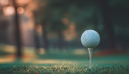A golf ball rests on a tee, poised for a shot on a green course. The scene features a shallow depth of field, with the ball in sharp focus. The surrounding area exhibits a soft, blurred effect, with green grass and trees. This image may be suitable for various commercial or editorial applications.の素材