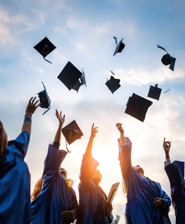 A group of graduates celebrate their achievement by throwing graduation caps into the air. The image showcases blue robes, contrasting against a clear, sunny sky with soft lighting. The composition emphasizes upward motion, ideal for illustrating themes of education, success, and transition. Suitable for various commercial and editorial projects.の素材