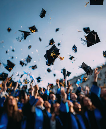 Graduation caps are thrown high in a jubilant celebration. This overhead shot captures the caps against a clear blue sky. The composition emphasizes movement and collective joy. Potential uses include educational materials, website illustrations, or marketing visuals promoting academic success.の素材