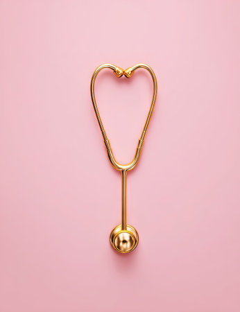 A golden stethoscope is set against a soft pink backdrop, presenting a conceptual image. The composition features a high-angle view, with the medical instrument the primary subject. This arrangement evokes a sense of care. The image may be suitable for various medical-related applications and design projects.の素材