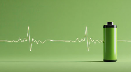 A green cylindrical battery stands upright against a matching green backdrop, accompanied by a stylized energy pulse. The composition features clean lines and soft lighting, creating a modern, minimalist feel. It may be suitable for presentations or illustrations related to energy, technology, or electric power.の素材
