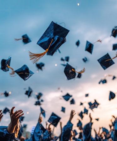 Graduation caps are thrown up in the air by a crowd of people. The caps, predominantly blue, are set against a background of a bright sky with sunlight. The composition is an overhead view that captures a celebration of success. This image is suitable for various commercial uses, including educational materials.の素材