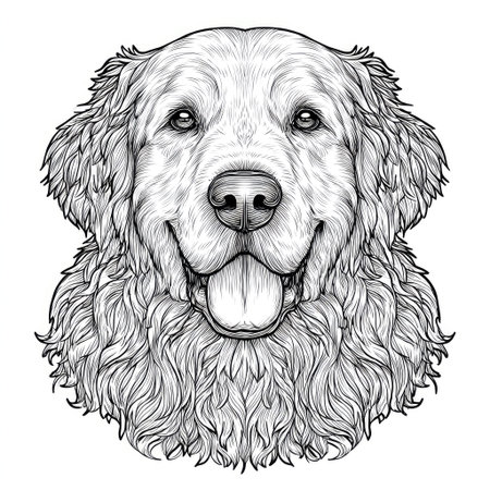 This detailed black and white illustration showcases a Golden Retriever's head and upper body. The dog is depicted with a smiling expression, showcasing its tongue and friendly face. The vector art style uses fine lines to create texture and form. This image could be used in various commercial applications, including print and digital media.の素材